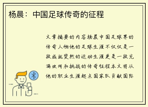 杨晨：中国足球传奇的征程
