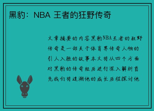 黑豹：NBA 王者的狂野传奇